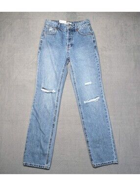 RSQ Womens 24 Blue High Rise Straight Leg Distressed Button Fly Jeans 90s Grunge